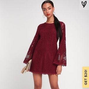 Lulus Burgundy Lace Bell Sleeve Shift Dress